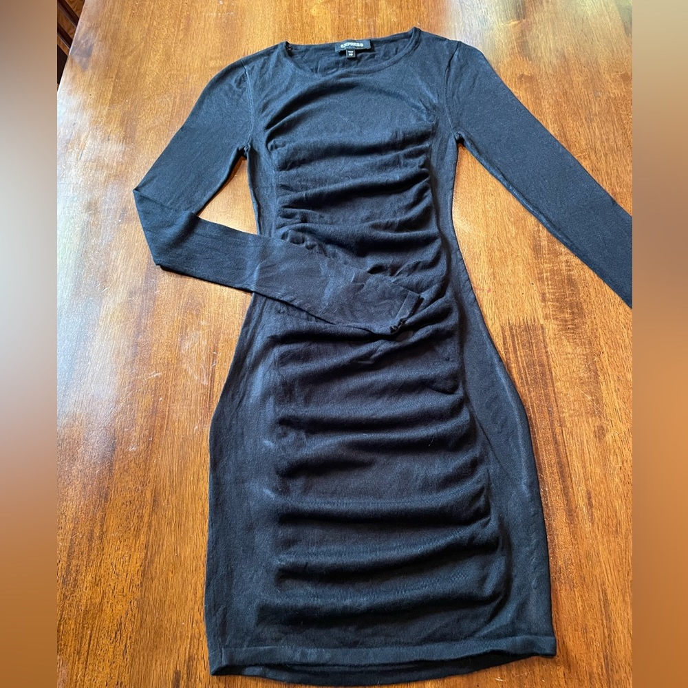 Express Black Knit Dress Size XXS Ruched Front L/S